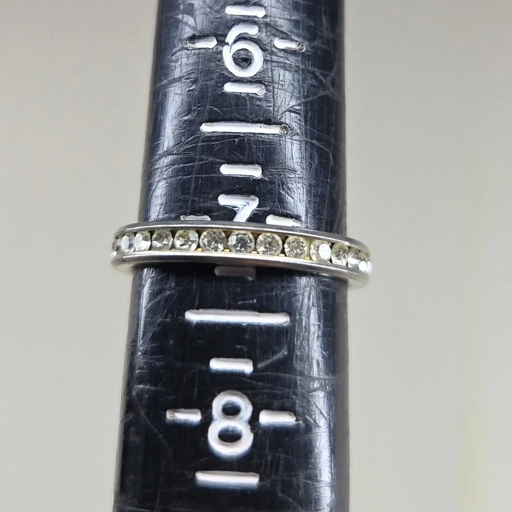 Silver Tone Crystal Eternity Band Ring Size 7.25 Channel Set Stacking Ring